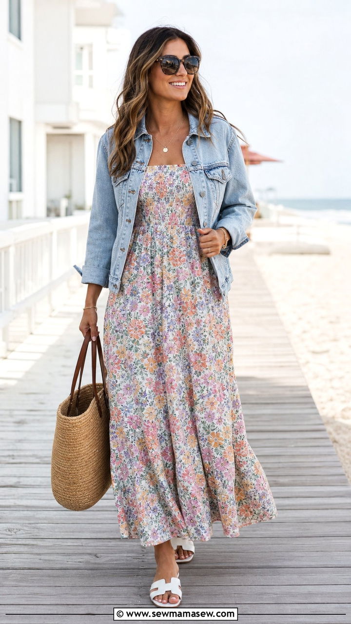Smocked maxi dress with denim jacket - 25 Smocked dress outfit ideas summer