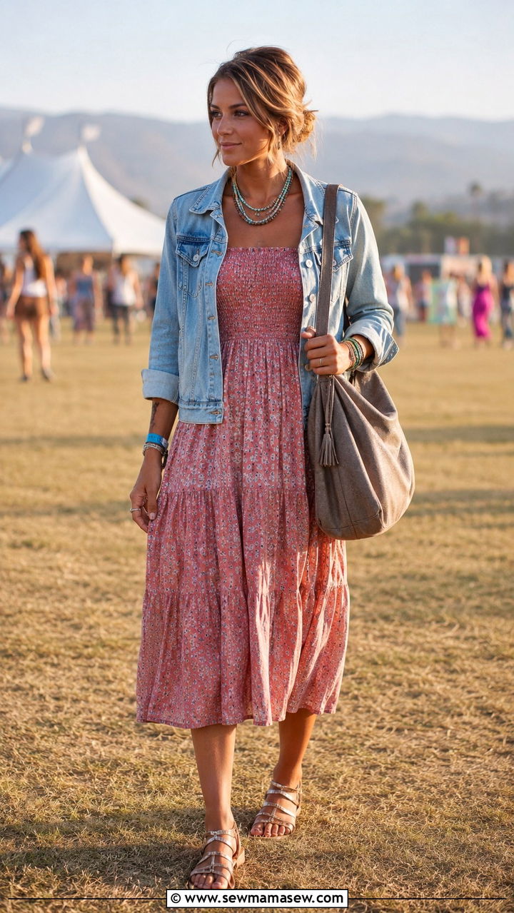 Smocked midi dress with a denim jacket and flat strappy sandals - 30 Midi dress outfit ideas with a denim jacket