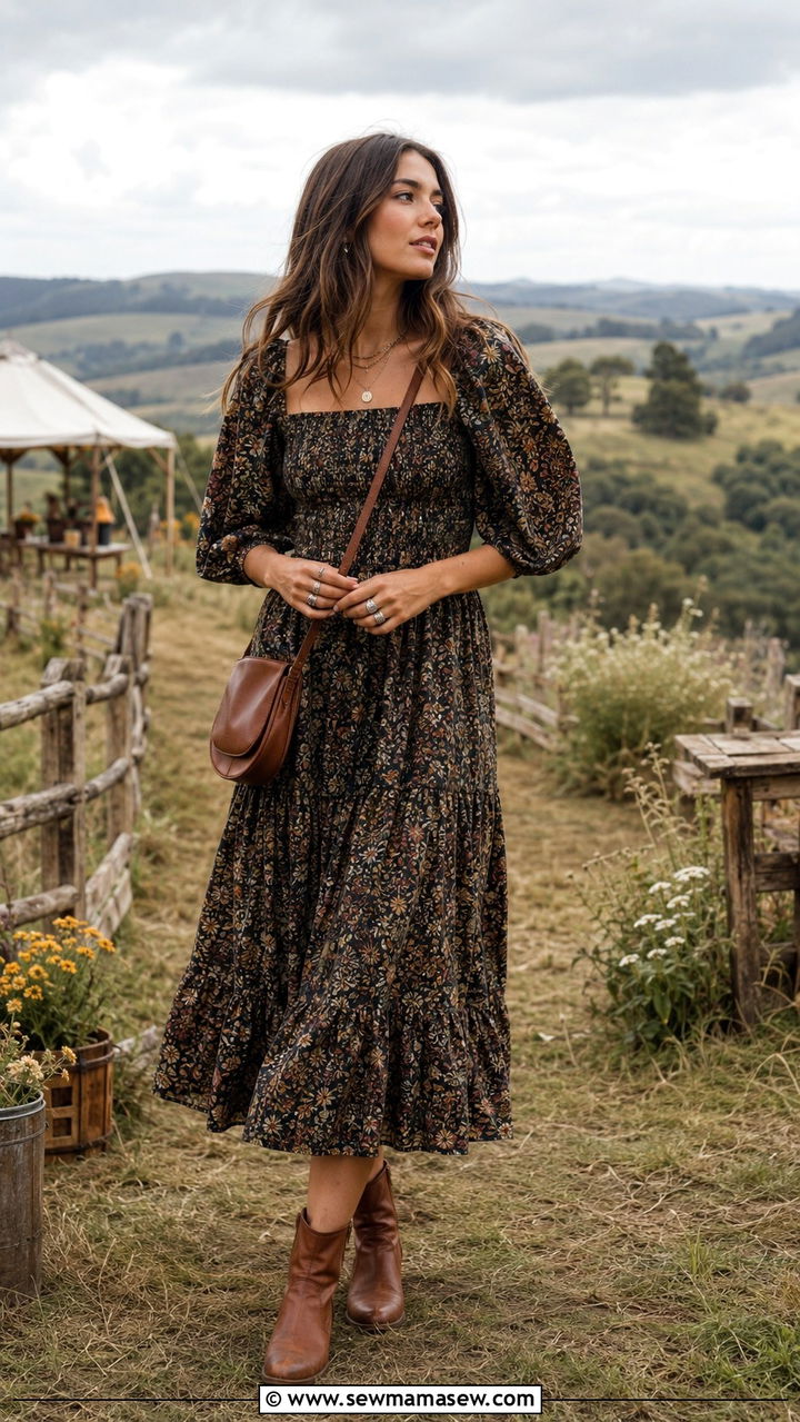Smocked midi dress with ankle boots - 30 Spring cottage outfits