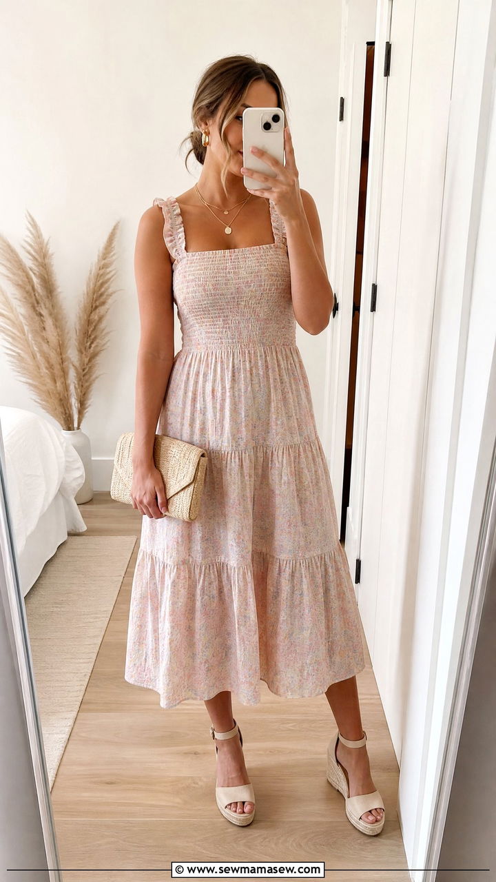 Smocked midi dress with espadrille wedges - 25 wedding guest outfits for new moms