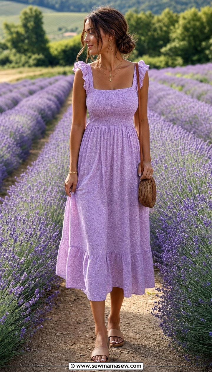 Smocked midi dress with flat sandals - 25 Summer outfits for hourglass figure