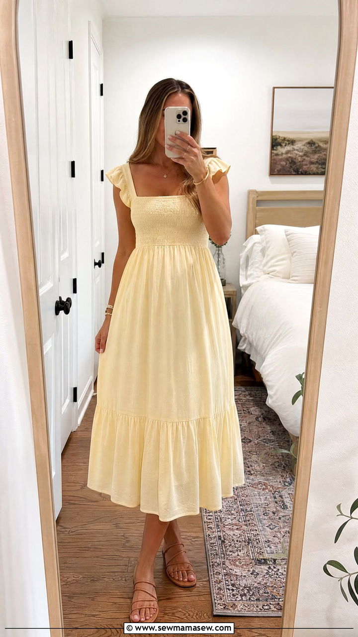 Smocked midi dress with flat strappy sandals - 30 Summer outfit ideas for postpartum women
