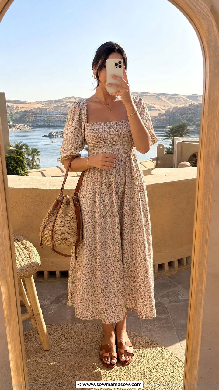 Smocked midi dress with sandals Egypt - 30 Egypt vacation outfit ideas modest