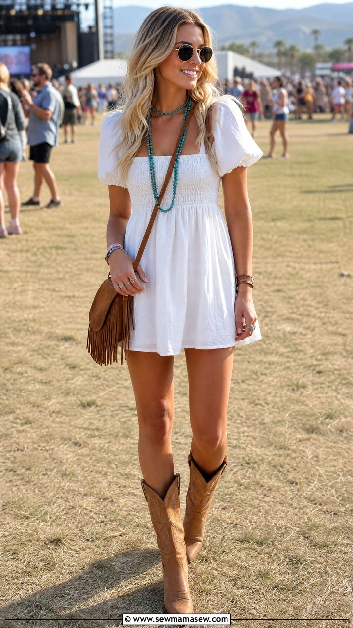 Smocked mini dress with cowboy boots - 30 summer weekend outfit ideas