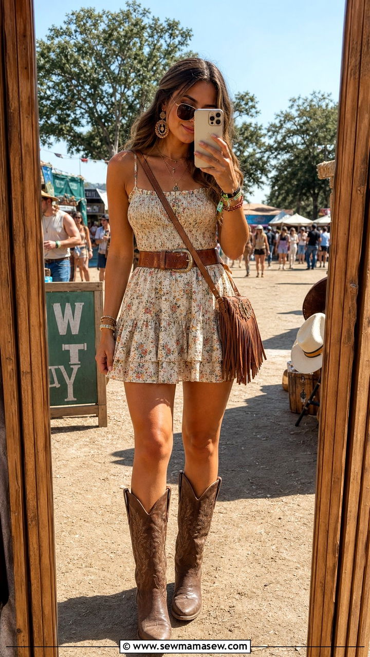 Smocked mini dress with cowboy boots - 25 Smocked dress outfit ideas summer