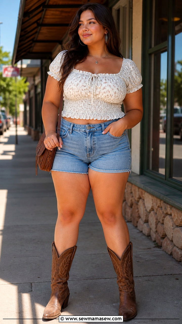 Smocked peasant top with denim shorts and brown cowgirl boots - 40 Western summer outfits