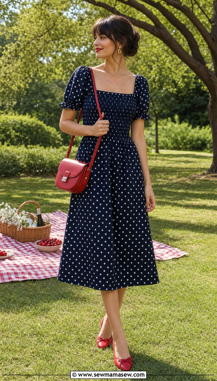 Smocked polka dot dress with red accessories - 25 Smocked dress outfit ideas summer