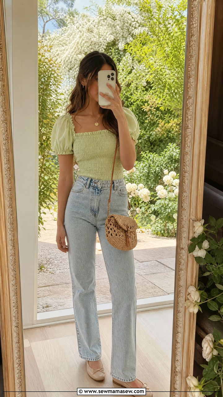 Smocked puff sleeve top and straight leg jeans outfit - 30 Summer outfit ideas for teens