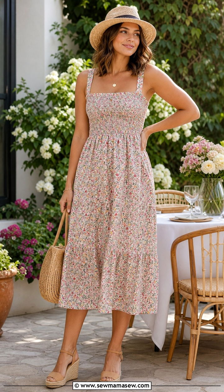 Smocked sundress with espadrille sandals - 25 summer outfits for rectangle body shape
