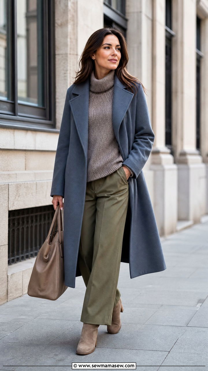 Smoky blue coat with mushroom knit layers - 30 Muted color outfit ideas