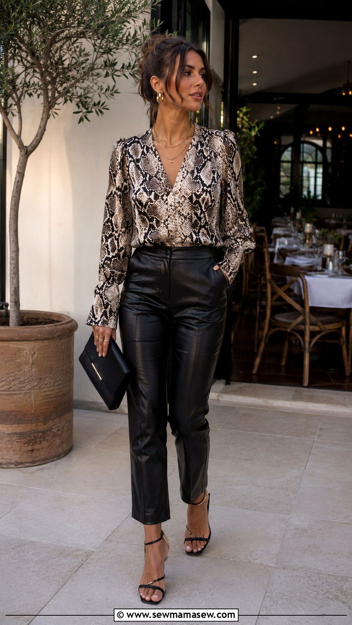 Snake Print Blouse With Black Faux Leather Trousers - 30 Mob wife summer outfits