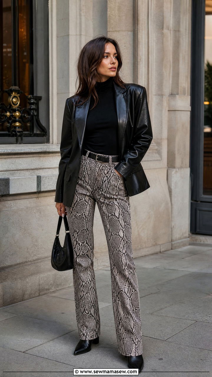 Snake Print Pants With Black Turtleneck And Leather Blazer - 30 Edgy spring outfits