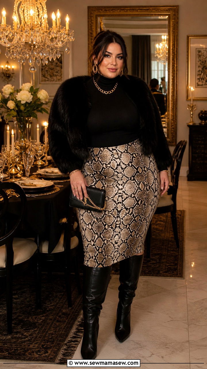 Snake Print Skirt With Black Turtleneck And Faux Fur Stole - 20 Mob wife aesthetic outfit ideas plus size