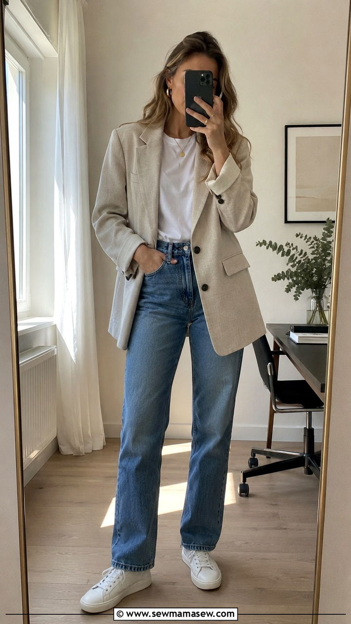 Sneakers With Blazer and Straight Leg Jeans - 20 sneaker outfits inspo