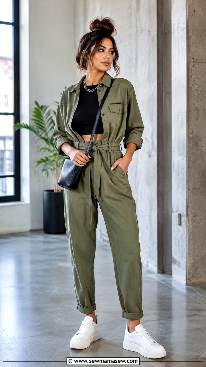 Sneakers with Olive Utility Jumpsuit Outfit - 20 sneaker outfits 2026