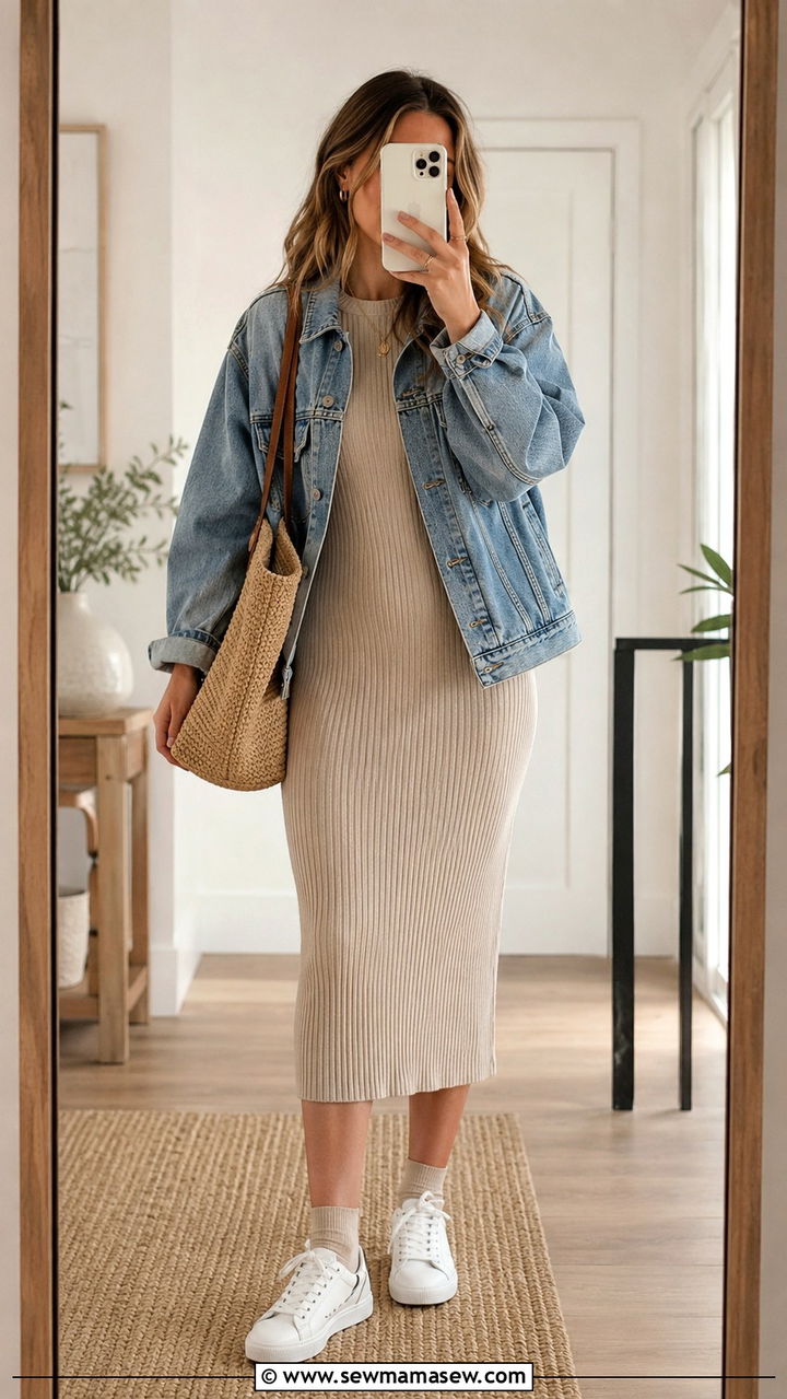 Sneakers with Ribbed Knit Dress and Denim Jacket Outfit - 20 sneaker outfits 2026