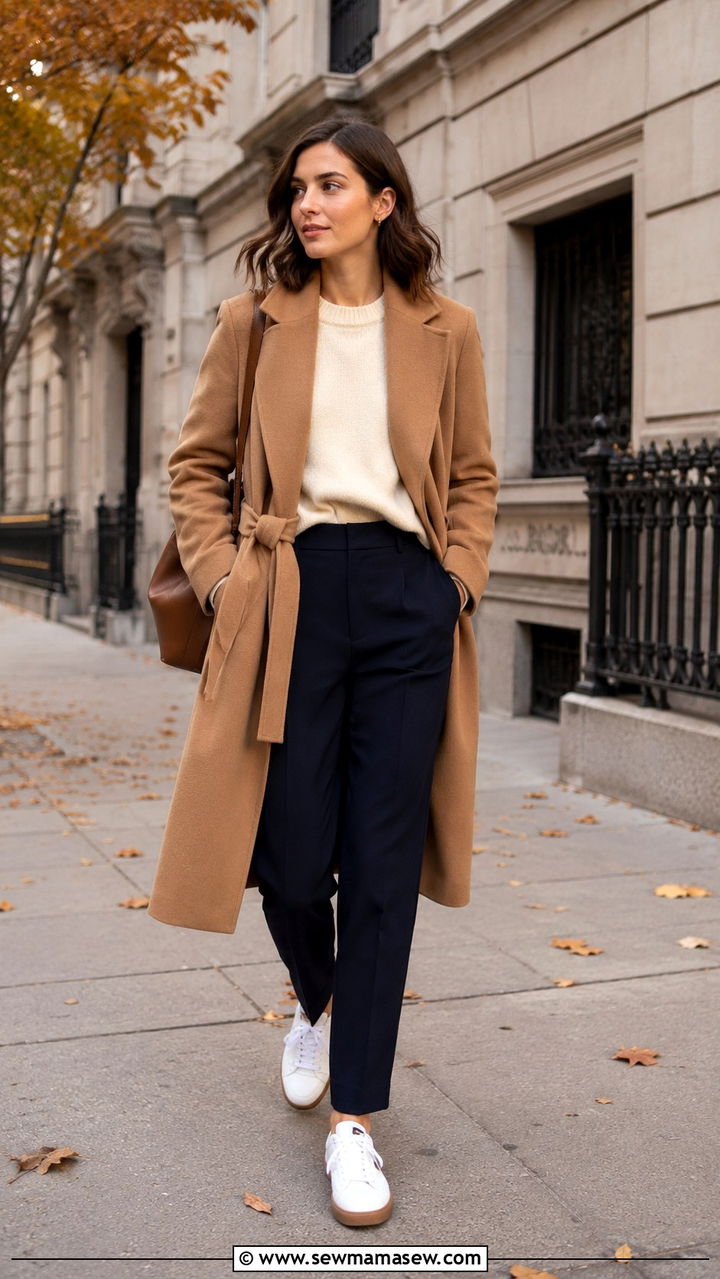 Sneakers with a Camel Coat and Tailored Trousers - 30 classy sneaker outfits