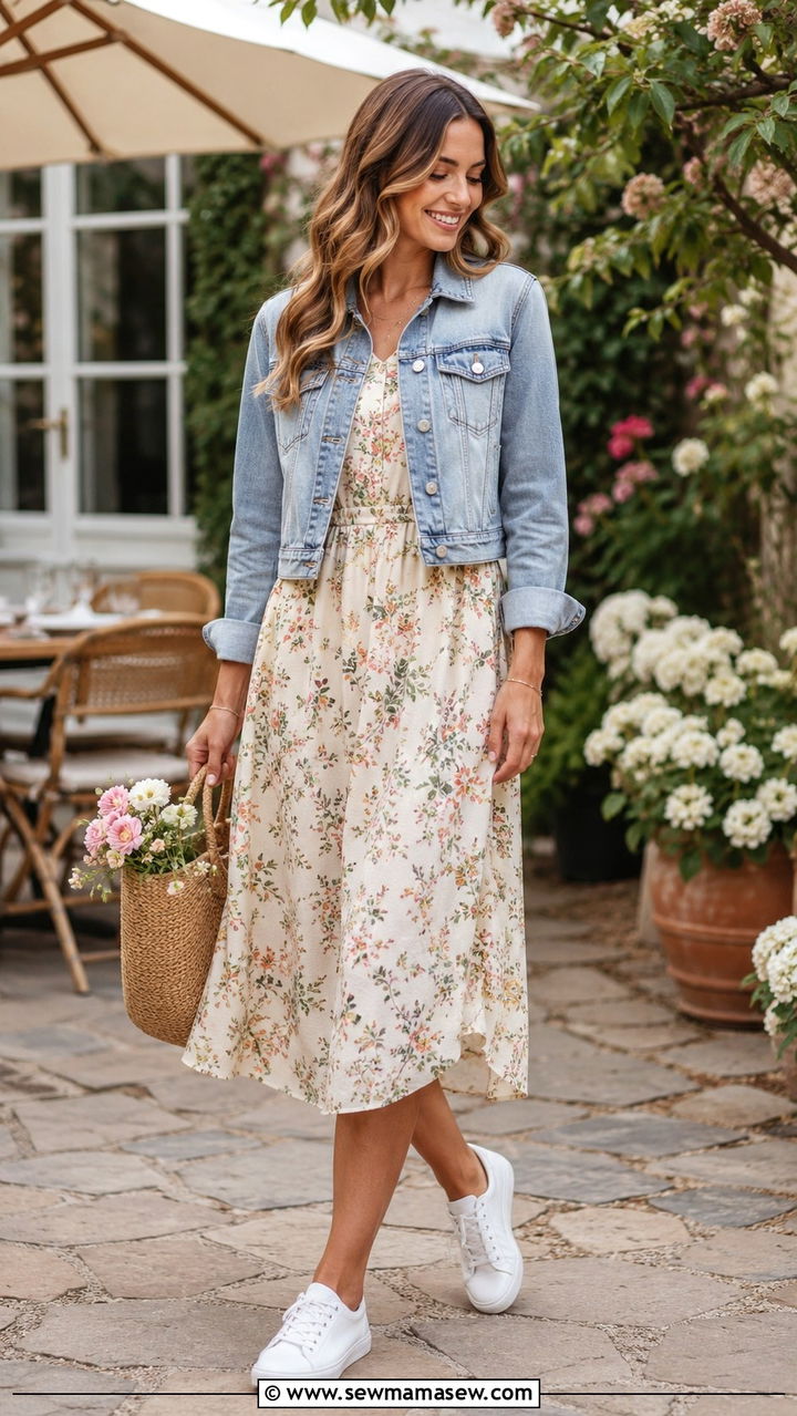 Sneakers with a Denim Jacket and Floral Midi Dress - 30 classy sneaker outfits