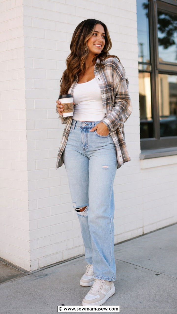 Sneakers with a Plaid Overshirt and Light Wash Jeans - 30 classy sneaker outfits
