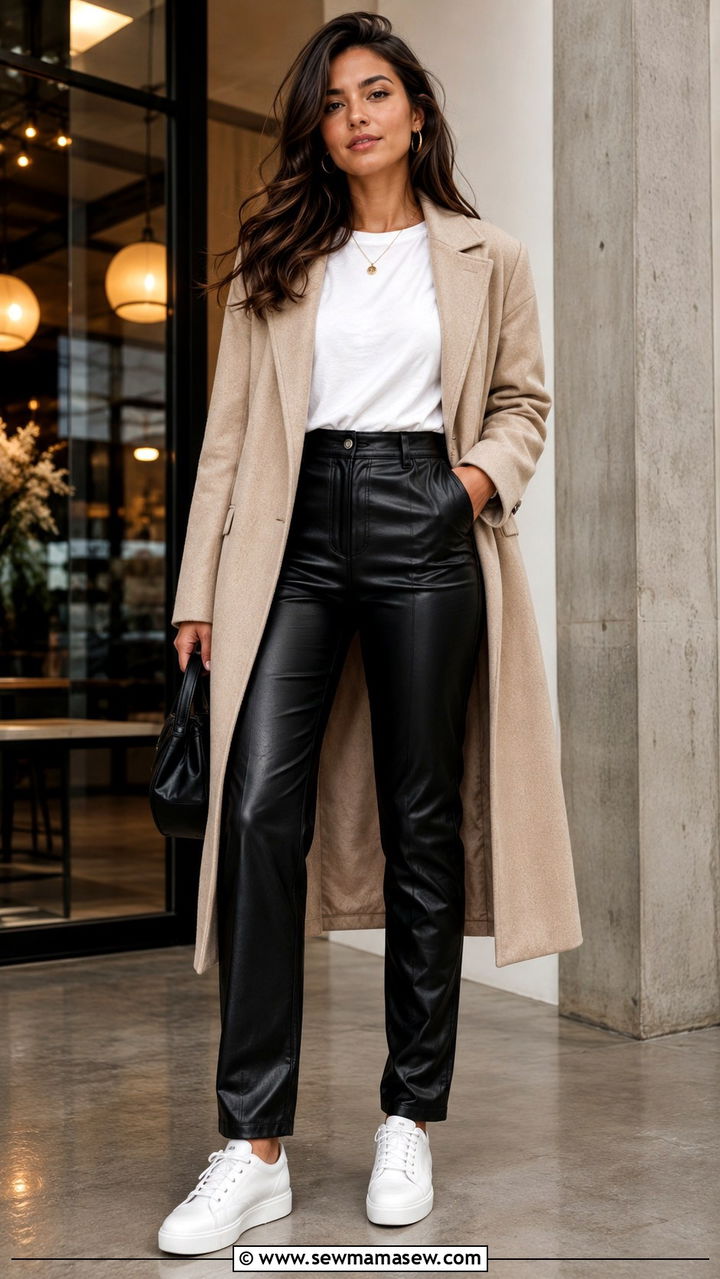 Sneakers with a T Shirt and Faux Leather Pants - 30 classy sneaker outfits