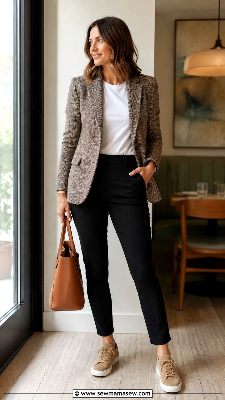 Sneakers with a Tweed Blazer and Ankle Pants - 30 classy sneaker outfits