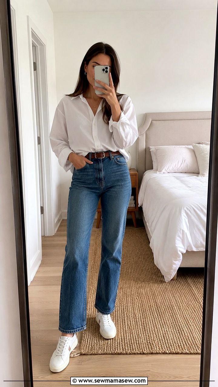 Sneakers with a White Button Down and Straight Leg Jeans - 30 classy sneaker outfits