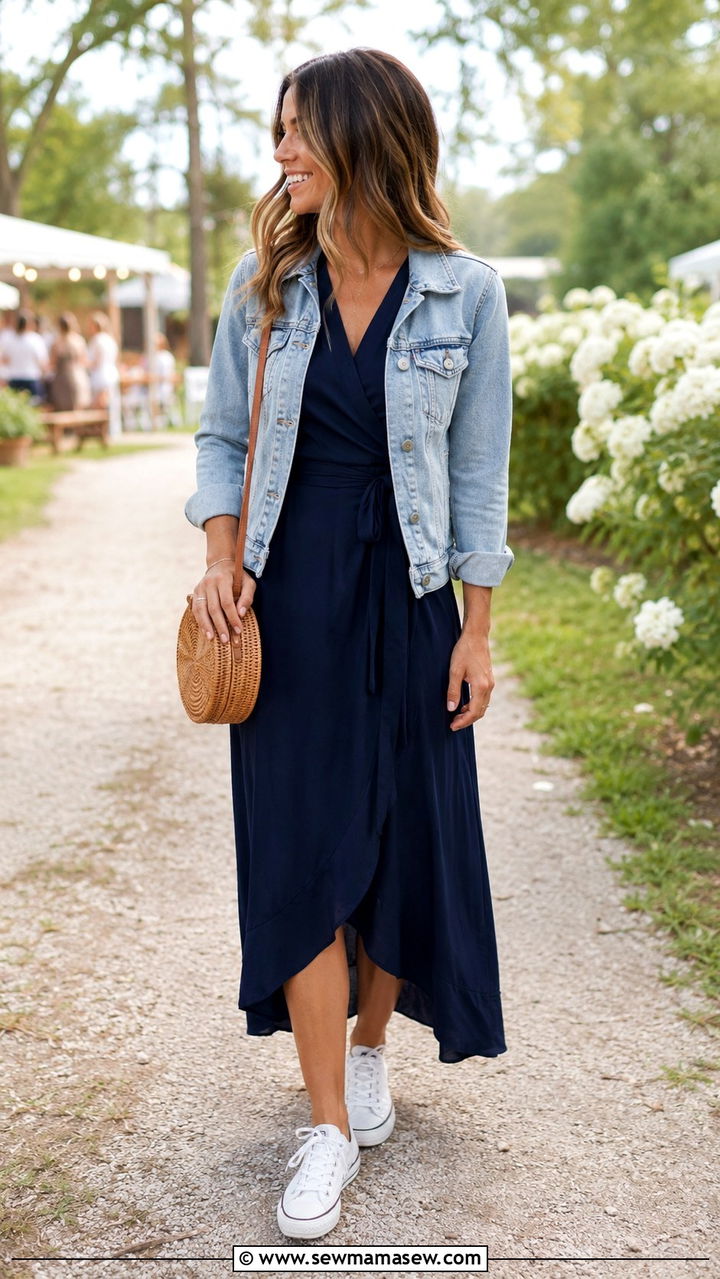 Sneakers with a Wrap Dress and Denim Jacket - 30 classy sneaker outfits