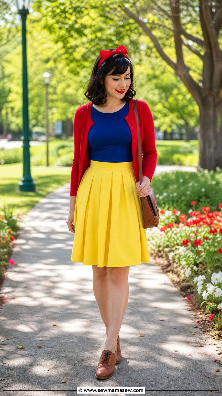 Snow White Color Block Outfit With Red Bow And Oxford Shoes - 40 Disney trip outfit ideas