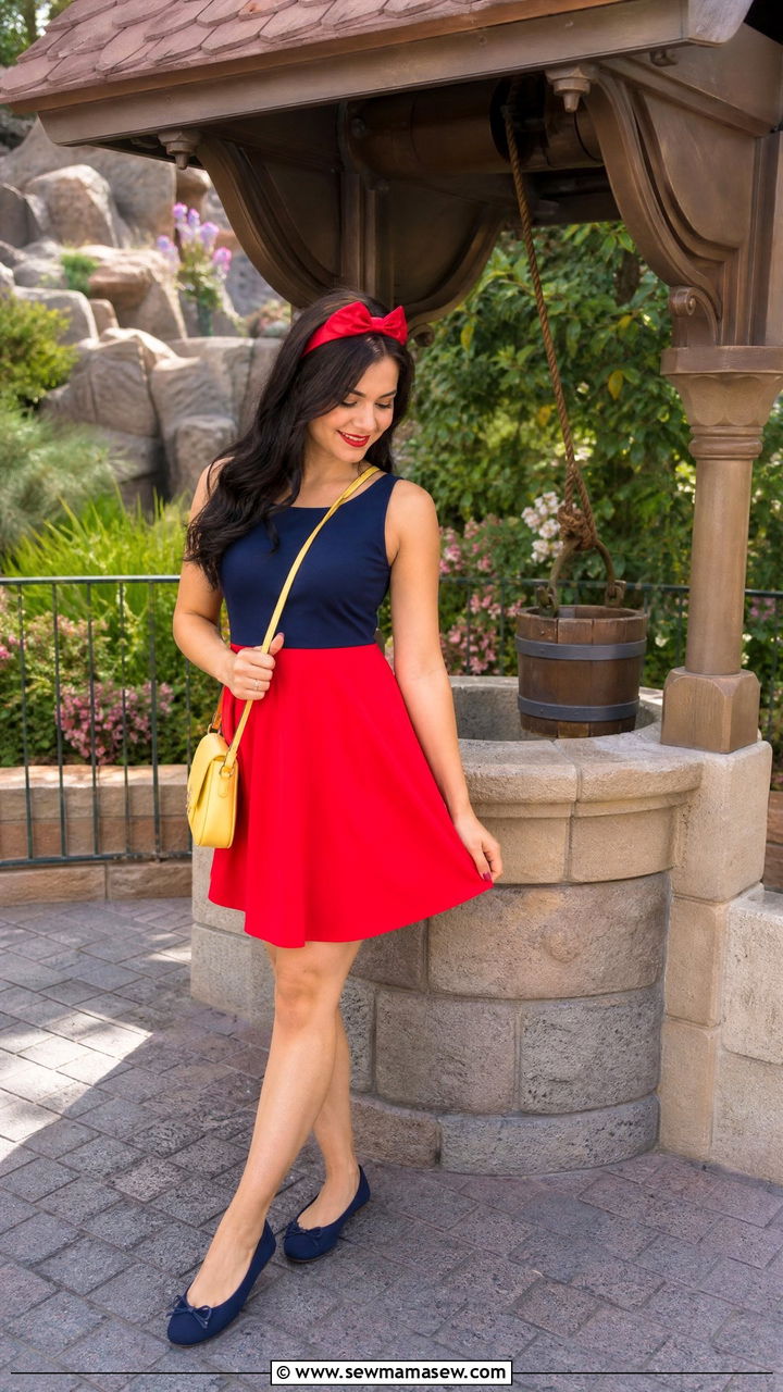 Snow White color block red and navy dress with yellow bag - 30 Disney outfit ideas for honeymoon