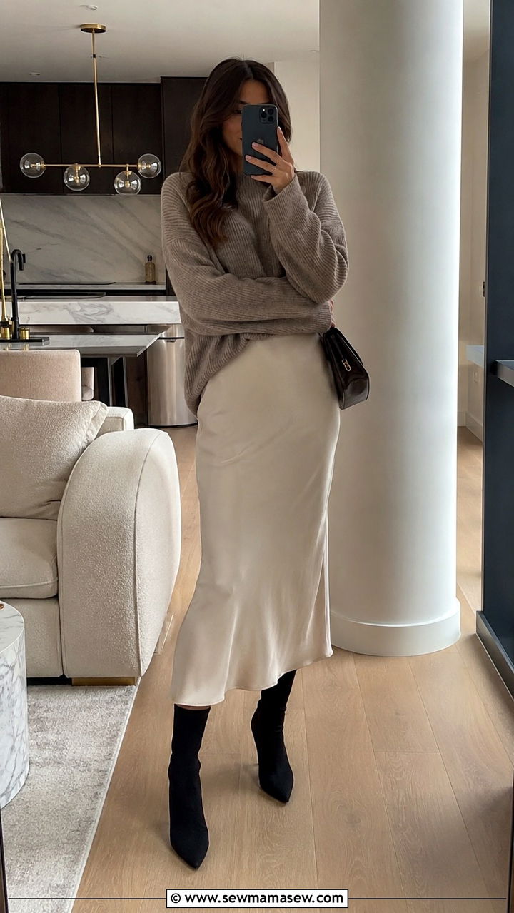 Sock boots with midi slip skirt and oversized knit - 30 transitional boots outfit ideas