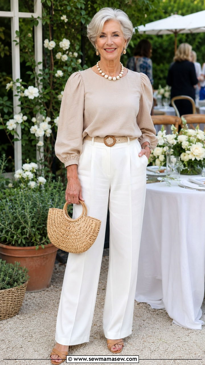 Soft Beige Blouse And White Trousers Outfit - 30 Outfit ideas for women over 70