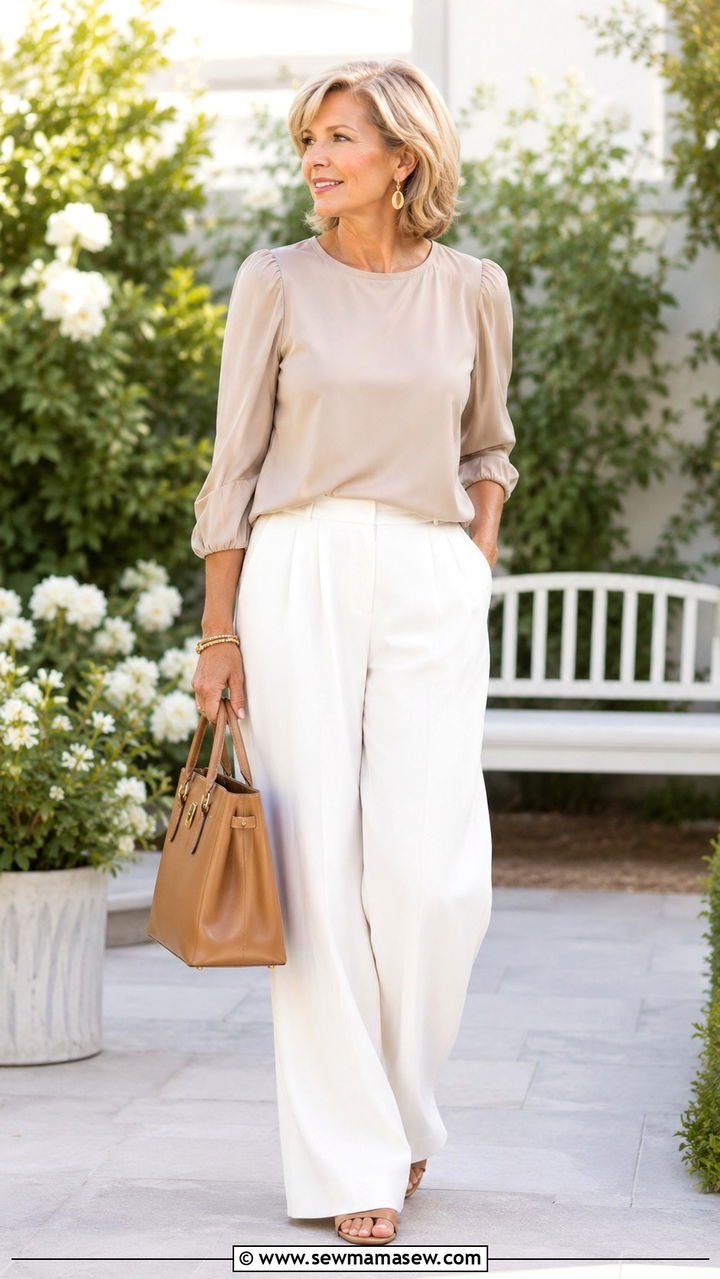 Soft Beige Blouse And White Wide Leg Trousers - 30 Minimalist outfit ideas for women over 50
