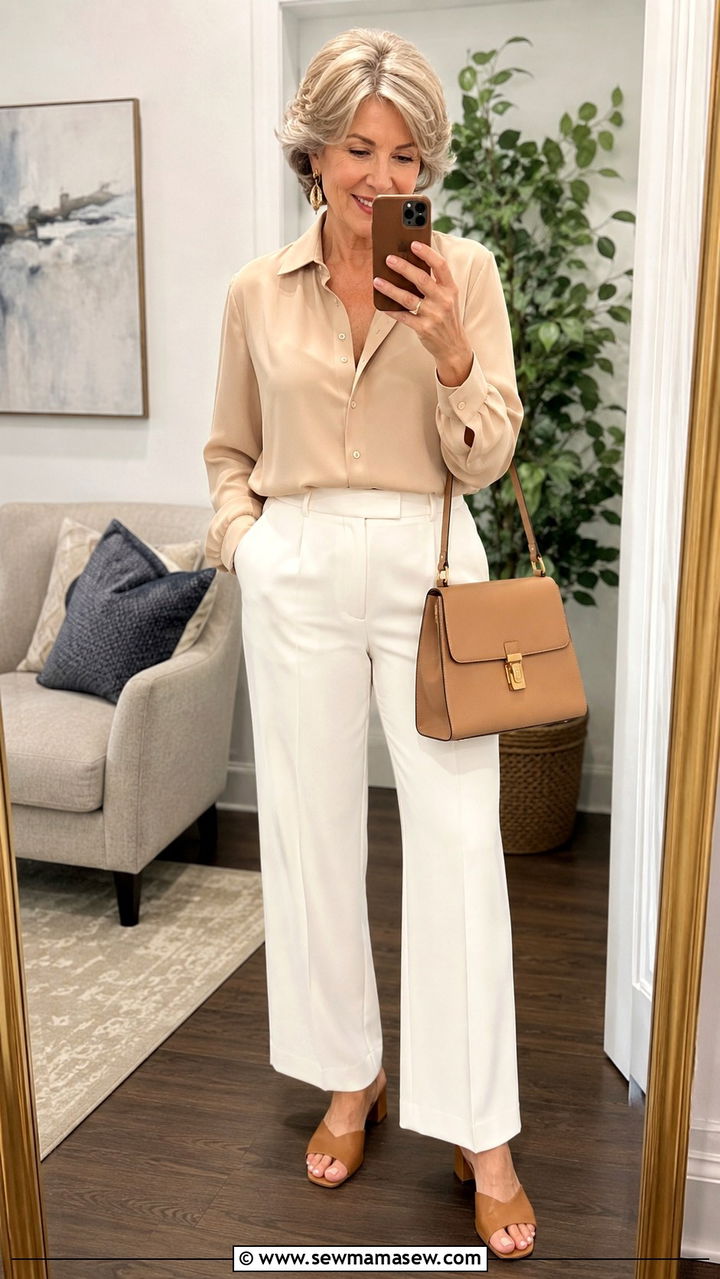 Soft Beige Blouse With White WideLeg Trousers - 30 Classy outfits for women over 60