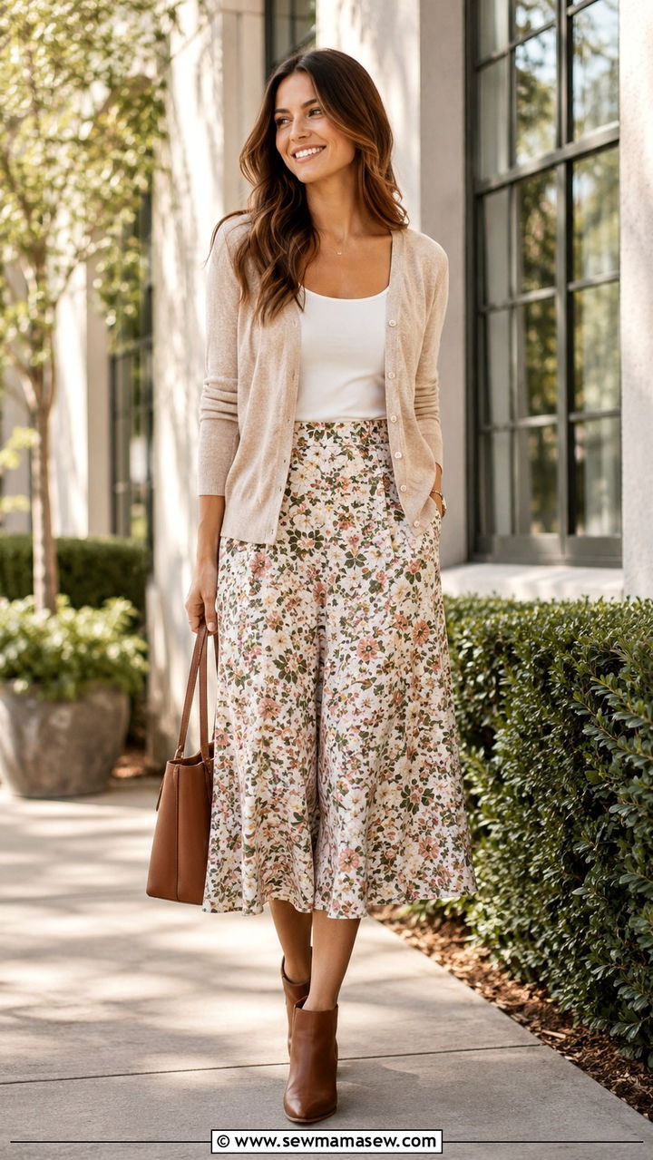 Soft Beige Cardigan with a Floral Midi Skirt and Ankle Boots - 30 Spring outfits with cardigans