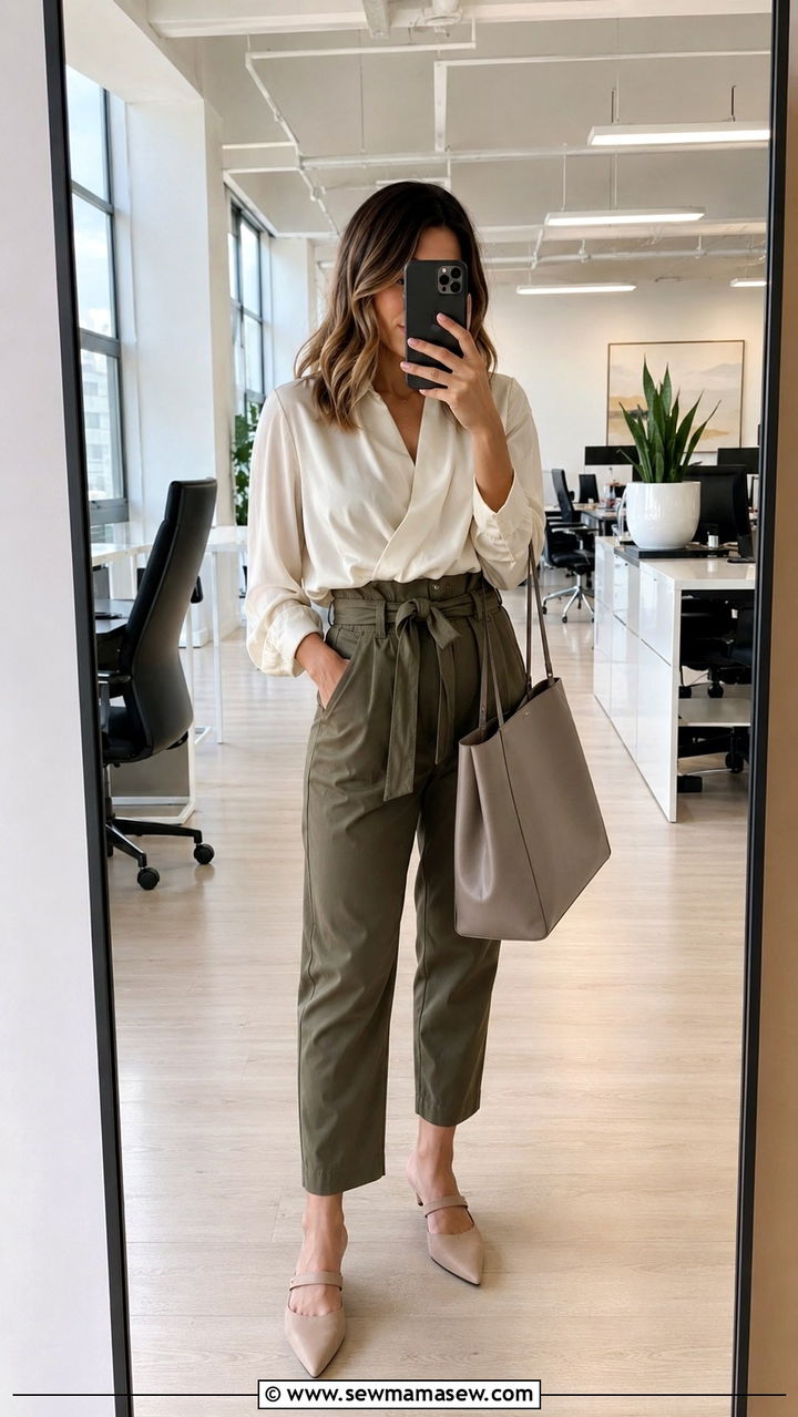 Soft Blouse With Paper Bag Waist Trousers - 25 Outfit ideas for rectangle body for work