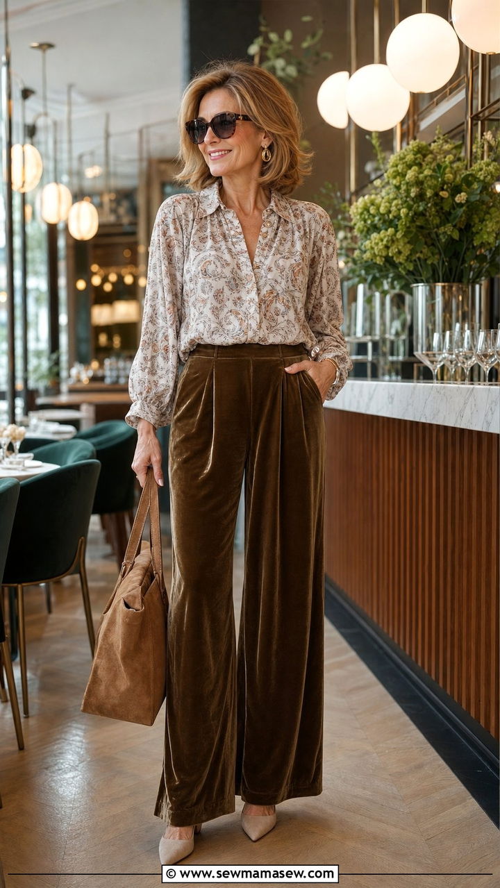 Soft Blouse With Velvet Wide Leg Trousers Outfit - 35 Brunch outfits for women over 50