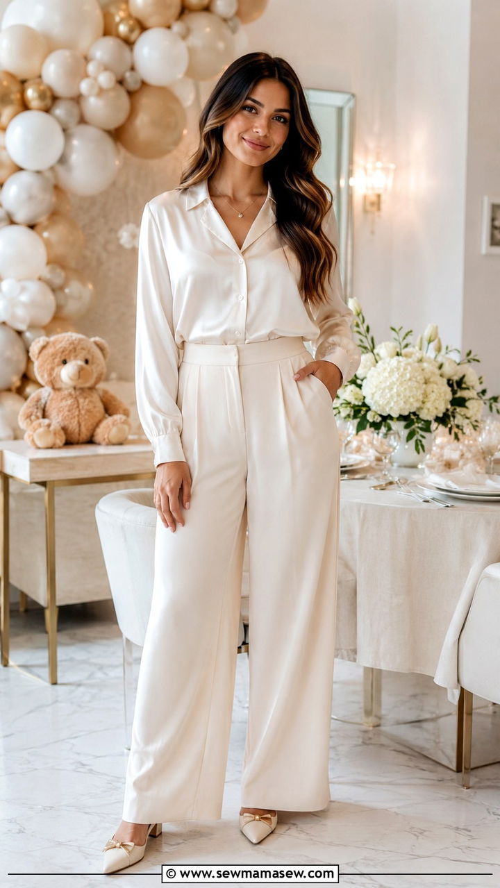 Soft Blouse with Wide Leg Trousers - 25 Baby shower outfit ideas hostess