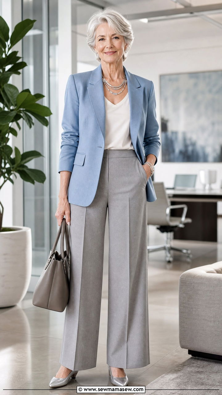 Soft Blue Blazer with Gray Tailored Trousers - 30 Elegant outfits for older women