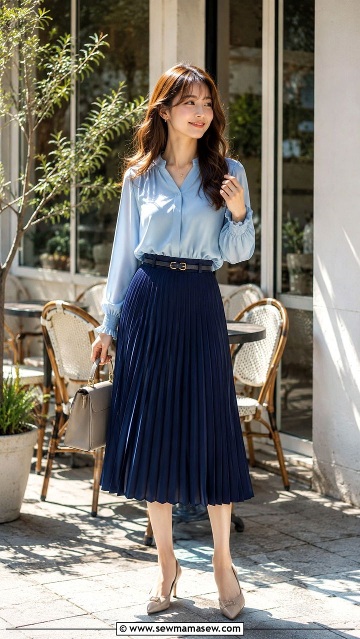 Soft Blue Blouse and Pleated Skirt Outfit - 25 modest classy outfits inspo