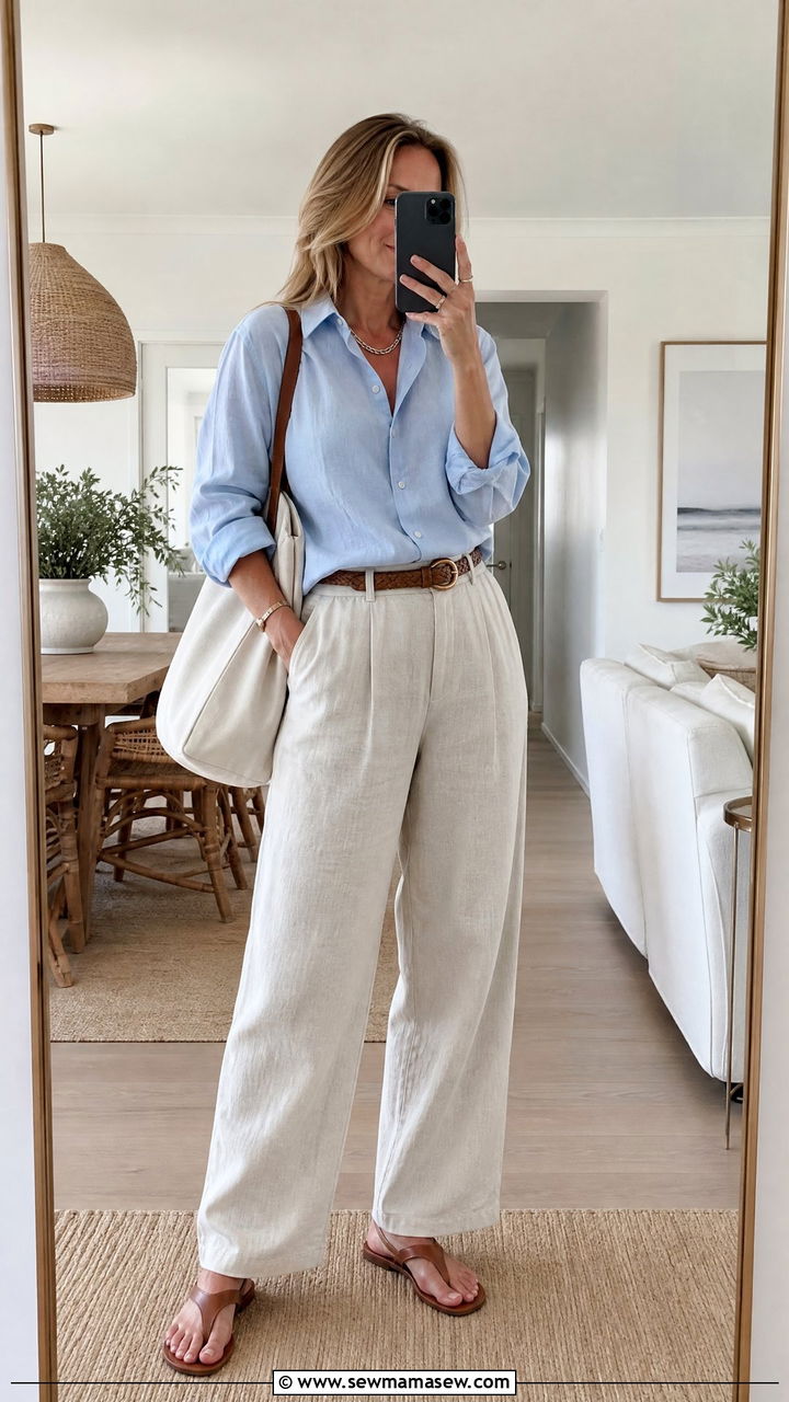 Soft Blue Button Down And Stone Linen Trousers Outfit - 30 Coastal grandmother spring outfits