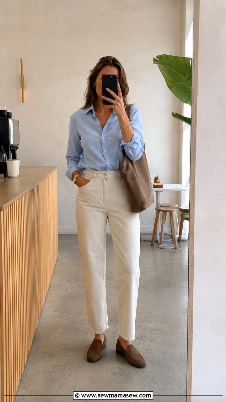 Soft Blue Button Down Outfit with Cream Chinos and Suede Loafers - 30 Quiet luxury spring outfits