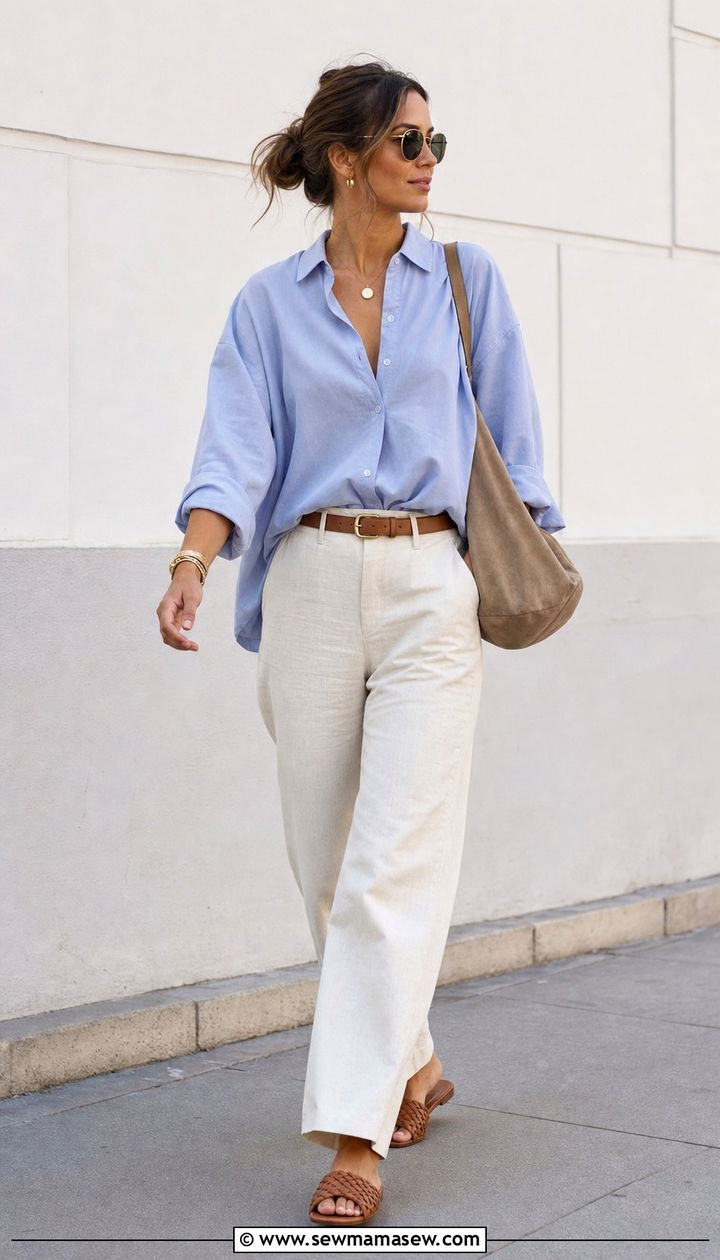 Soft Blue Button Down Shirt Linen Pants - 35 Blueberry milk outfits