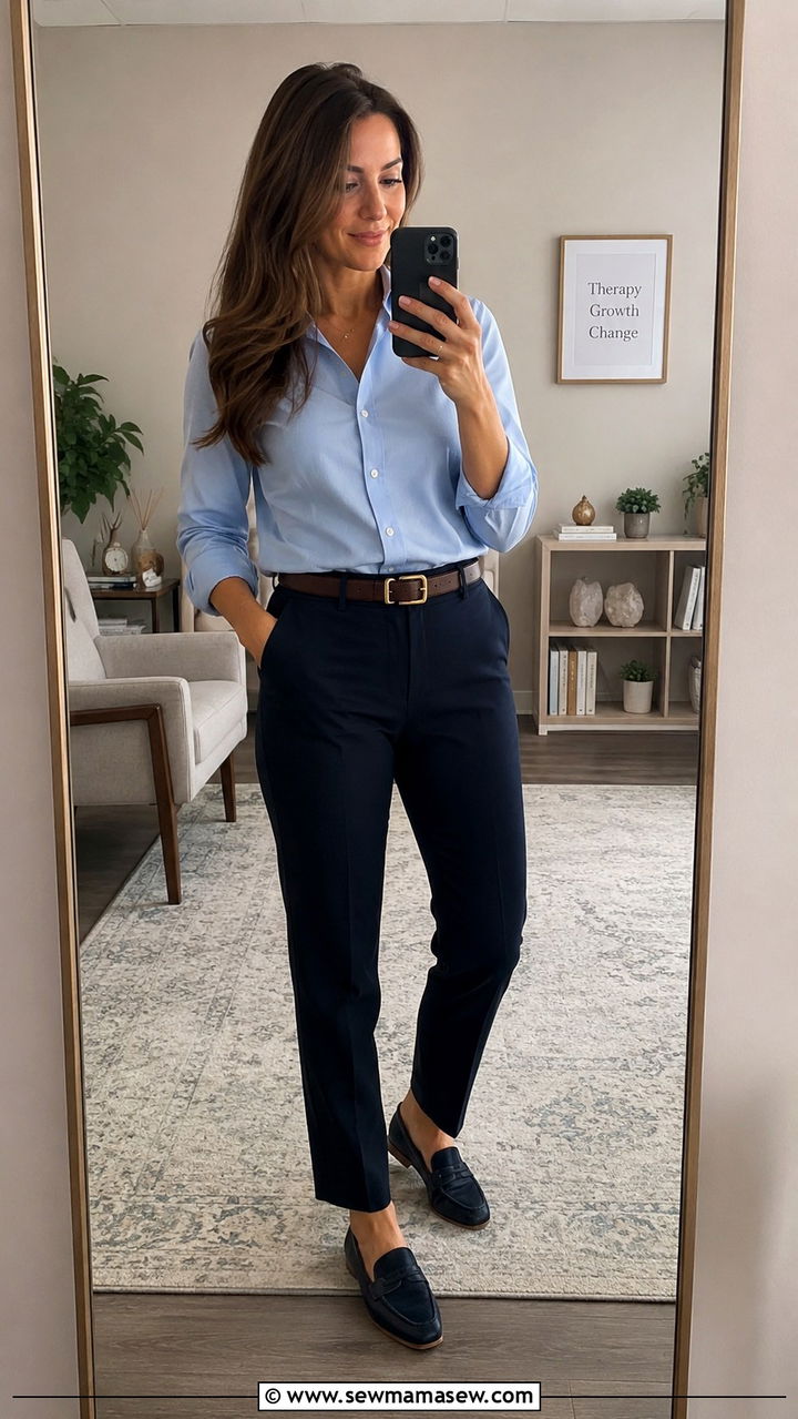 Soft Blue Button Down With Navy Slacks - 20 Psychologist outfit ideas