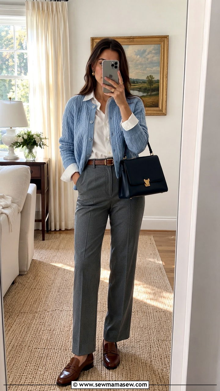 Soft Blue Cardigan With Collared Shirt And Trousers - 30 Old money outfit ideas spring 2026