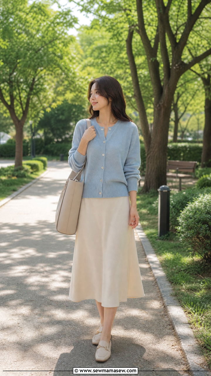 Soft Blue Cardigan With Cream Midi Skirt - 30 modest classy outfits for women