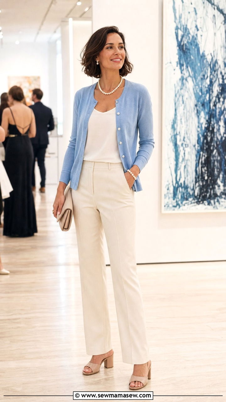 Soft Blue Cardigan and Cream Trousers - 25 Coastal grandmother outfits 2026