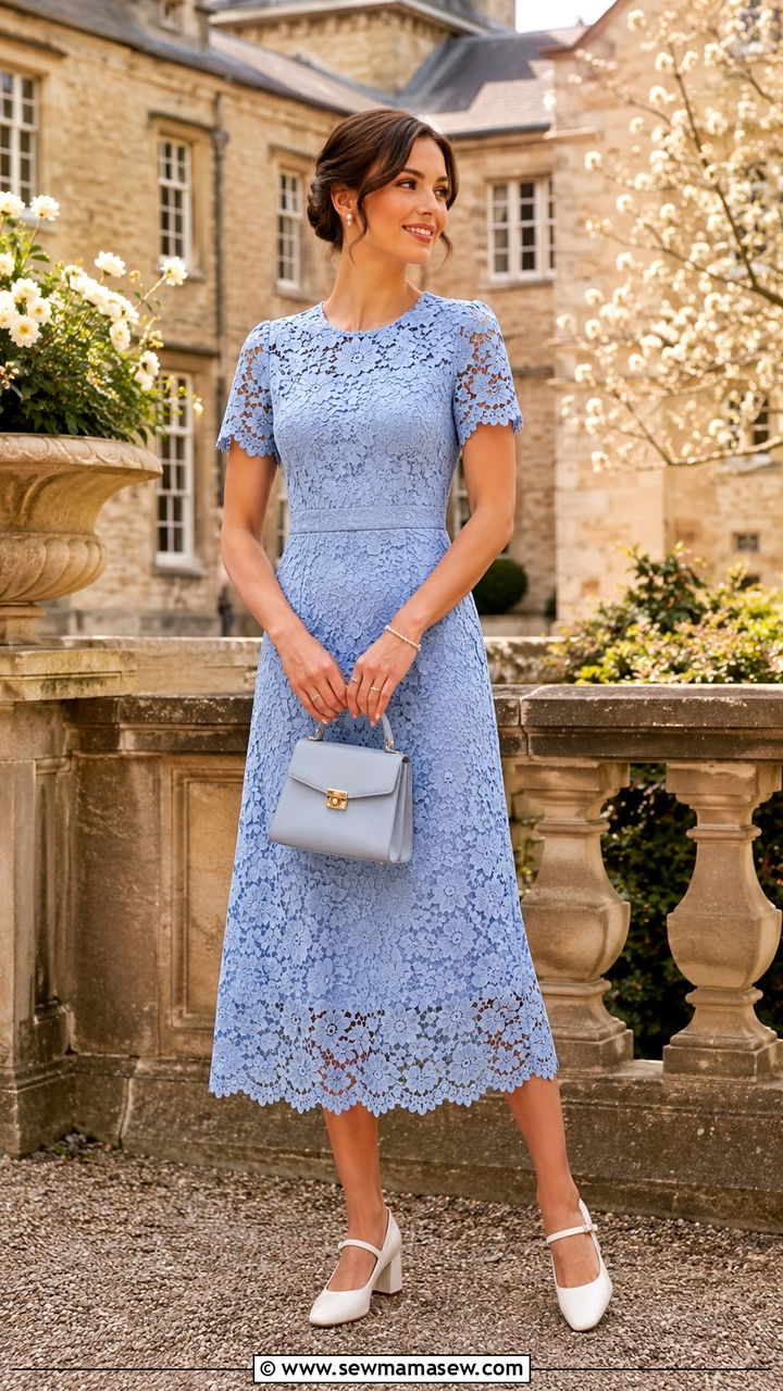 Soft Blue Lace Midi Dress with Pearl Studs - 30 casual spring wedding guest outfits
