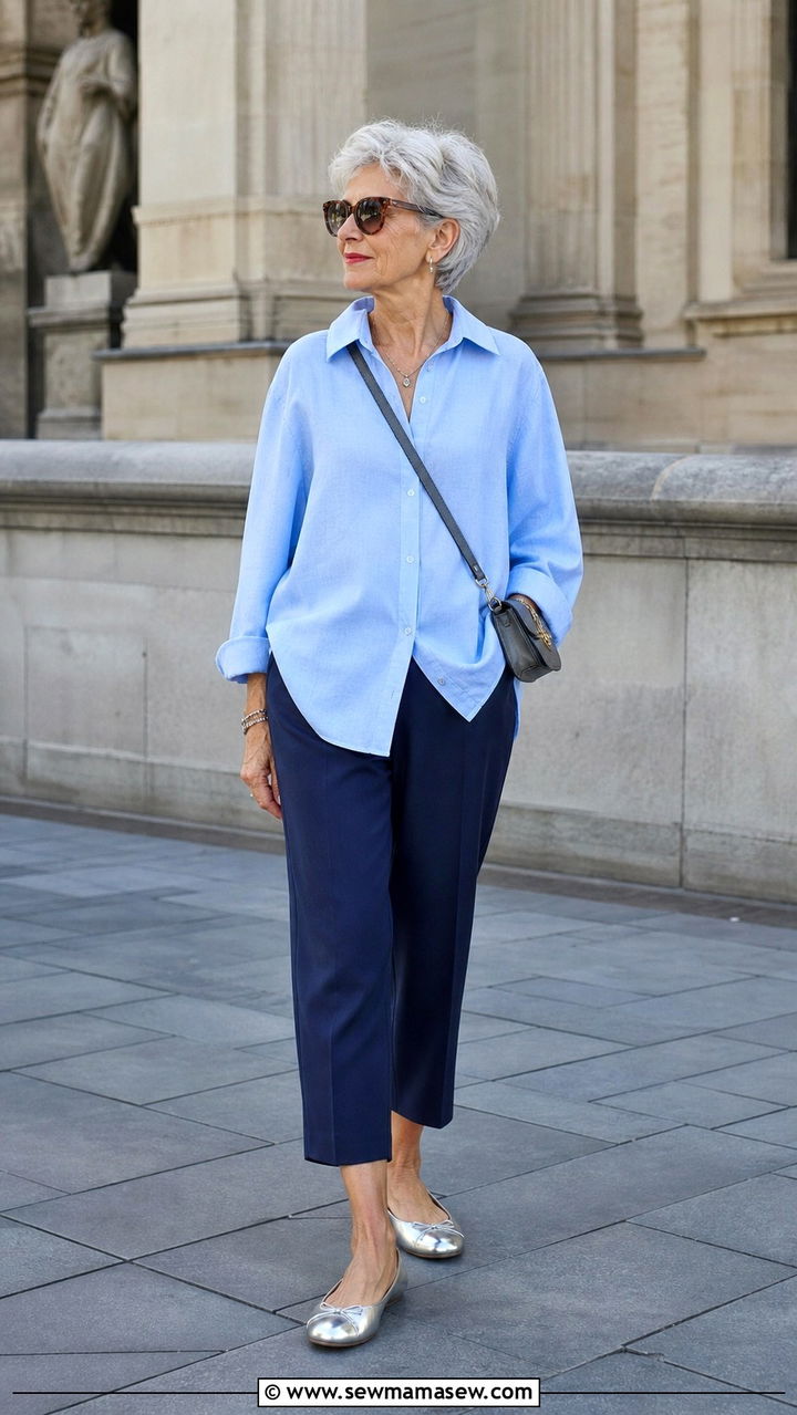 Soft Blue Oversized Shirt with Cropped Trousers - 40 Spring outfit ideas for women over 60 2026