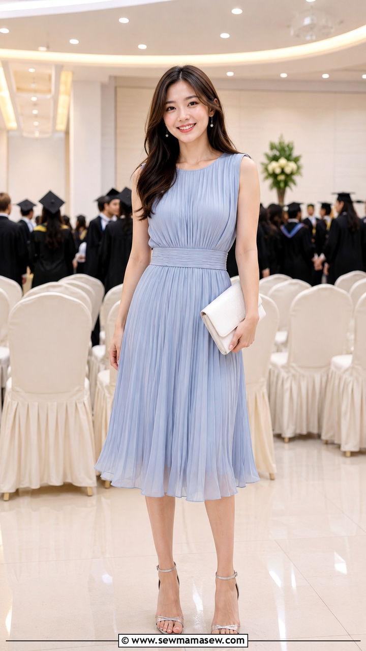 Soft Blue Pleated Midi Dress With Silver Heels - 30 Spring graduation party outfit ideas