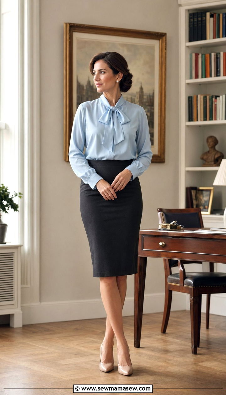 Soft Blue Silk Blouse And Pencil Skirt Outfit - 30 Zoom interview outfit ideas